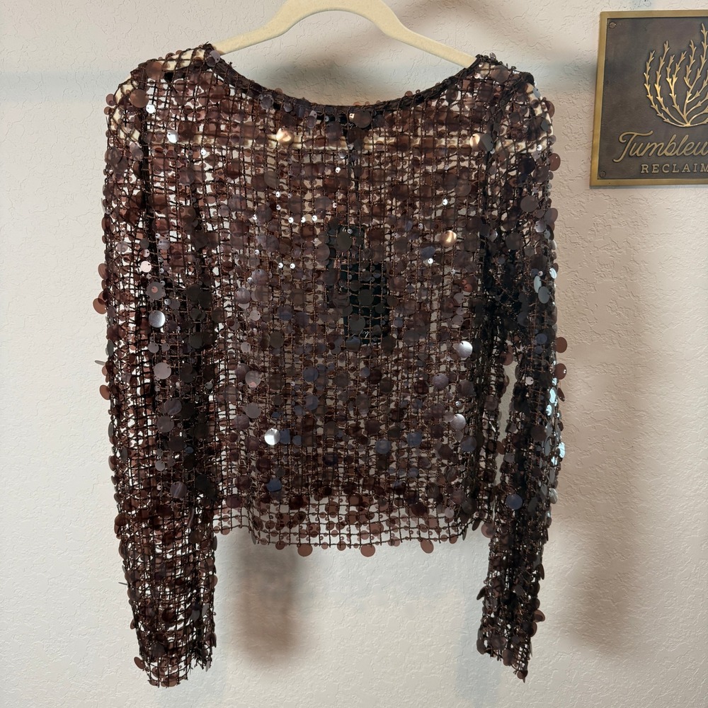Emory Park Womens Brown Sequin Mesh Long Sleeve Crop Top Small NEW